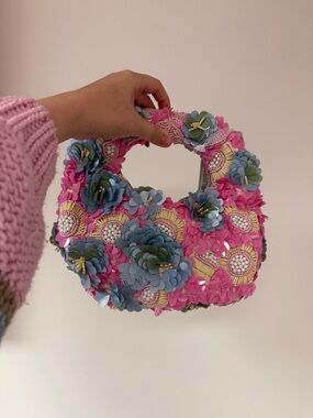 Viral Pink Floral Appliqué Shoulder Bag